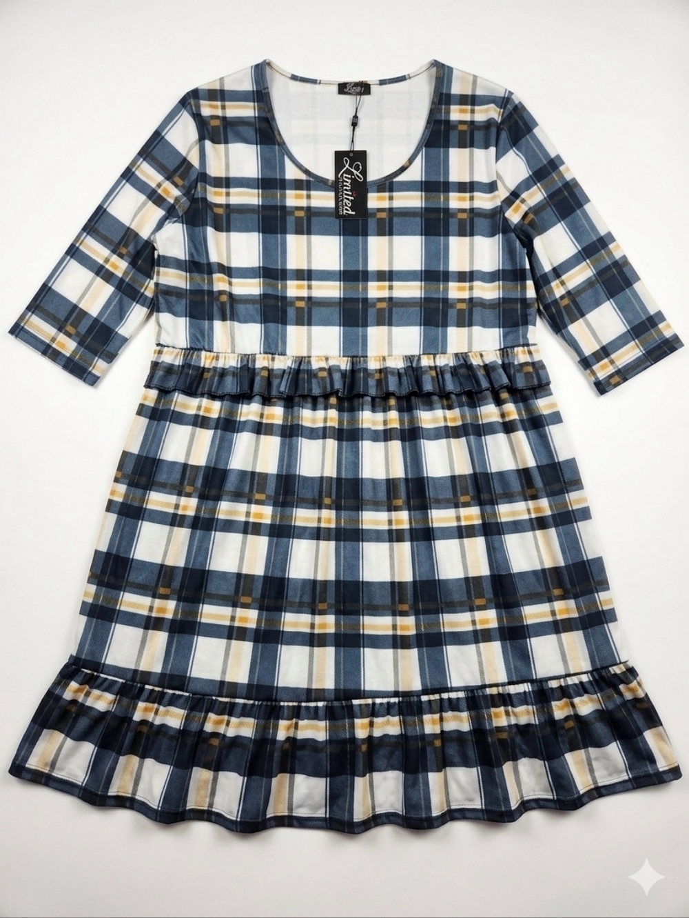 NWT Plus Size Navy, White, And Yellow Plaid Ruffle-Hem Dress Size 22/24 - Picture 3 of 5
